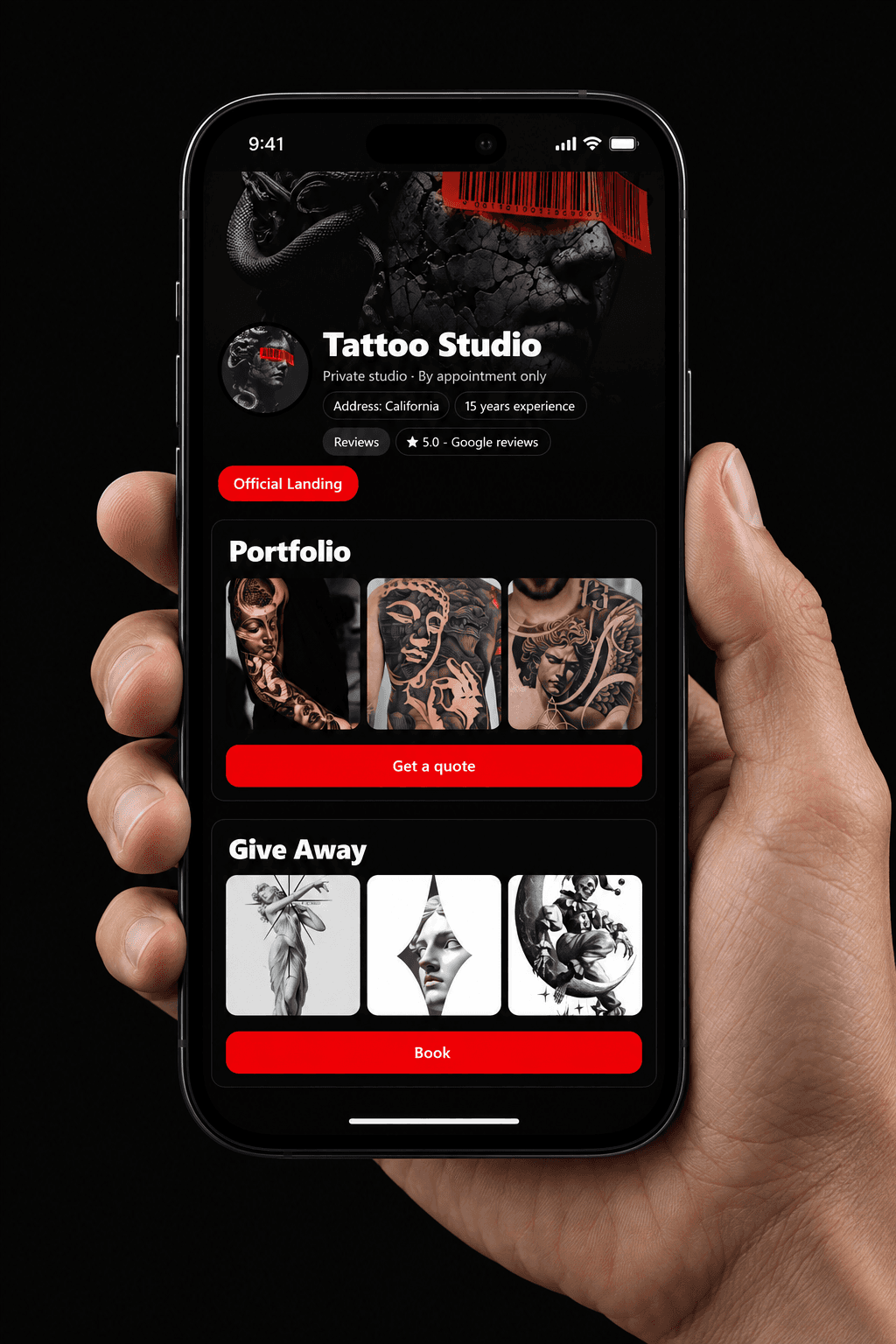 Hand holding a phone displaying the Official Landing tattoo studio template